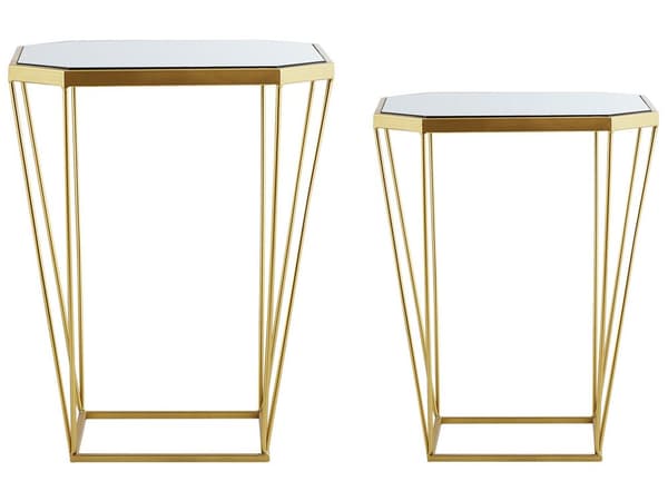 Set med 2 sidobord Metall Guld Bas Glas Speglad Rund Top Dekorativ Glam