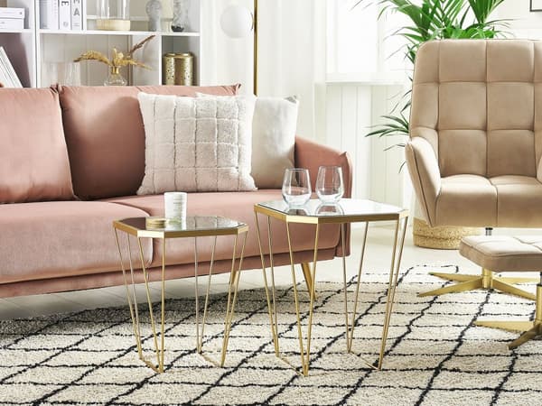 Sæt med 2 sideborde guld metalstel ottekantet spejl top glam stil