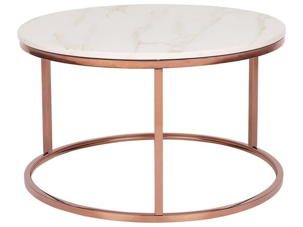 Sofabord Beige Kobber og Rustfrit Stål 43 x 70 cm Rund Sidebord med Marmor Effekt Glam stil Stue Indretning Design Minimalistisk Tilbehør