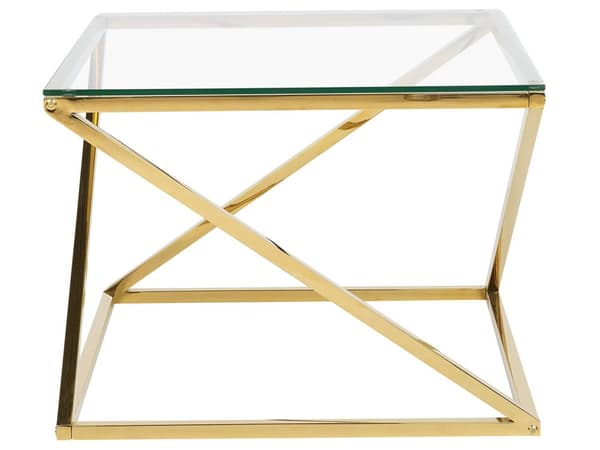 Sofabord til stuen guld gennemsigtig glasplade firkantet metal skinnende stel 60 x 60 x 45 cm glamourdesign