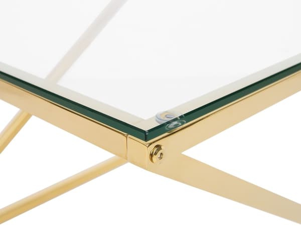 Sofabord til stuen guld gennemsigtig glasplade firkantet metal skinnende stel 60 x 60 x 45 cm glamourdesign