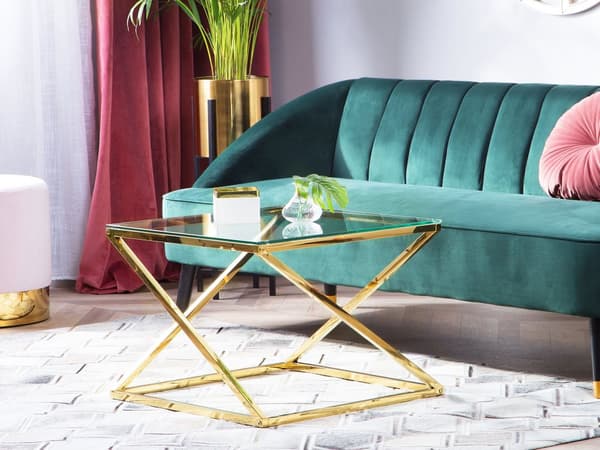 Sofabord til stuen guld gennemsigtig glasplade firkantet metal skinnende stel 60 x 60 x 45 cm glamourdesign