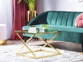 Miniatyrbillede 2 af 6: Sofabord til stuen guld gennemsigtig glasplade firkantet metal skinnende stel 60 x 60 x 45 cm glamourdesign