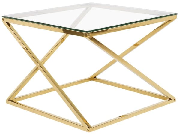 Sofabord til stuen guld gennemsigtig glasplade firkantet metal skinnende stel 60 x 60 x 45 cm glamourdesign