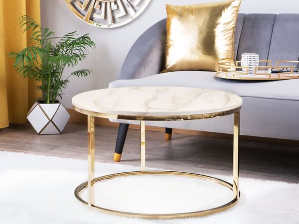 Soffbord Beige Guld Marmoreffekt ø 70 cm Rund Modern