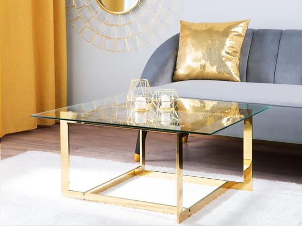 Soffbord Guld Bas Metallram Glasskiva Fyrkantig Kaffebord Glam Design