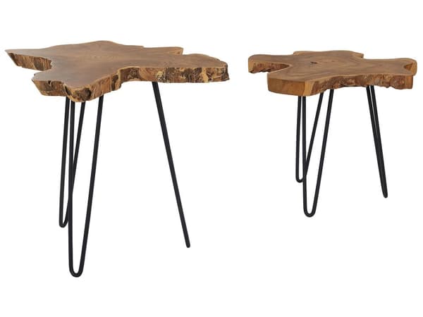 Sideborde Mørkt Java træ med Sort Metalben Sæt 54 / 60 cm Små Sofaborde Bølget Naturlige Træstubbe Bordplade Industriel Rustik Moderne Design