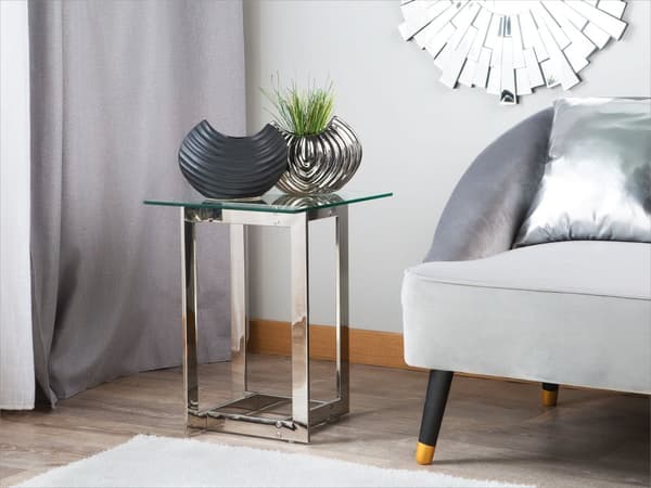 Sofabord Sølv Blank Metal og Hærdetglas 40 x 40 x 52 cm Firkantet Lille Sidebord i Glamour Luksuriøst Design til Stue Indretning Tilbehør