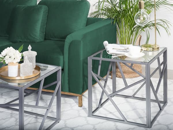 Sidobord Transparent Glas Silver Metallram 50 x 50 cm Kubform Glam Modern