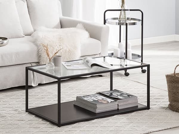 Sofabord Glas Transparent Plade Sort Metalstel 42 x 100 cm Moderne Stil