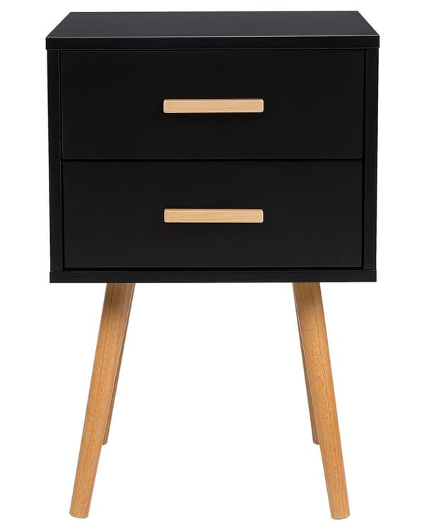 Sengebord Sort Lyst træ MDF med Gummitræben 40 x 40 cm 2 Skuffer Lille Smalt Skab Opbevaring Skandinavisk Minimalistisk Indretning Soveværelse
