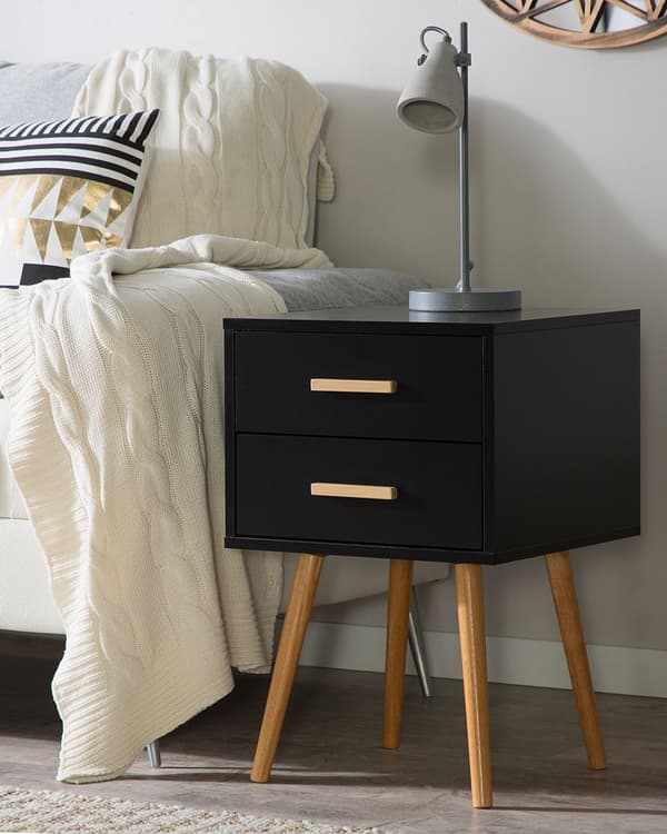 Sengebord Sort Lyst træ MDF med Gummitræben 40 x 40 cm 2 Skuffer Lille Smalt Skab Opbevaring Skandinavisk Minimalistisk Indretning Soveværelse