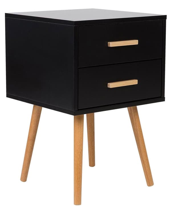 Sengebord Sort Lyst træ MDF med Gummitræben 40 x 40 cm 2 Skuffer Lille Smalt Skab Opbevaring Skandinavisk Minimalistisk Indretning Soveværelse