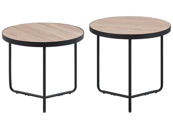 Sofaborde Lyst Træ Sort Metal Stel Sæt 50 / 45 cm Dekorative Runde Indskudsborde Industrielt Design Sideborde Stue Tilbehør Inspiration