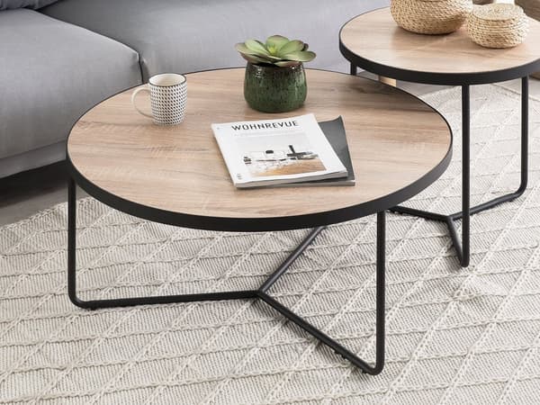 Uppsättning av 3 Sidobord Ljusbrun Skiva Svarta Metallben Rund Olika Storlekar Vardagsrum Kaffebord