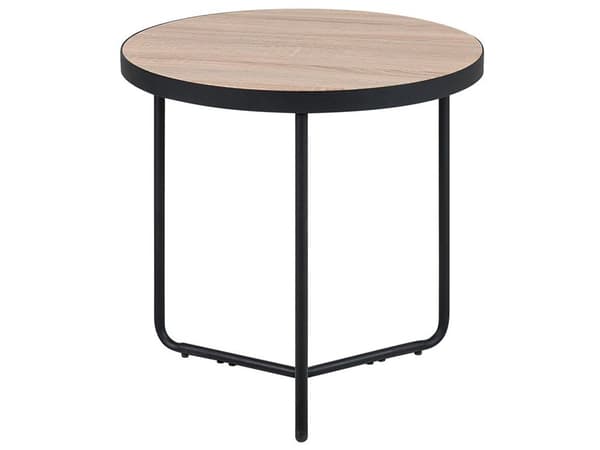 Uppsättning av 3 Sidobord Ljusbrun Skiva Svarta Metallben Rund Olika Storlekar Vardagsrum Kaffebord
