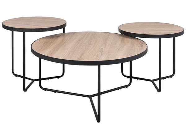 Uppsättning av 3 Sidobord Ljusbrun Skiva Svarta Metallben Rund Olika Storlekar Vardagsrum Kaffebord