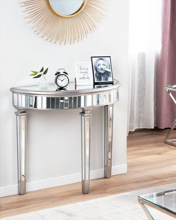 Konsolbord Silver Speglat Glas 90 x 35 cm Halvmåne Bordsskiva Modern Glam Fransk Design