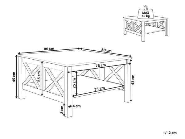 Sohvapöytä valkoinen MDF-levy 80 x 80 x 45 cm hyllyllä x-ristikkojalat perinteinen skandinaavinen tyyli
