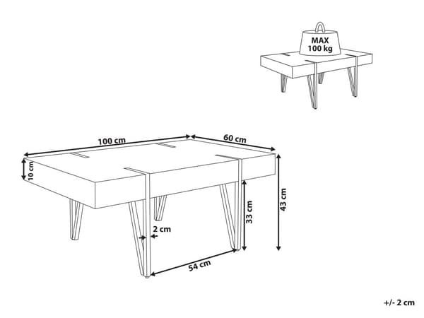 Sofabord Mørkt MDF Træ og Sort Pulverlakeret metalben 100 x 60 x 43 cm Rektangulært Moderne look Industriel Inspireret Stue Indretning