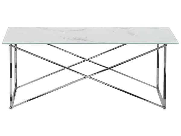 Sofabord Hvid Top Sølv Ben Hærdet Glasplade Rustfrit Stål Understel 100 x 50 cm Glamourøst Minimalistisk Design