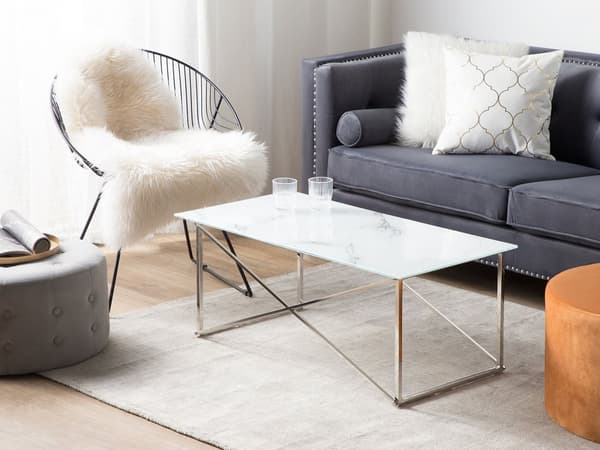 Sofabord Hvid Top Sølv Ben Hærdet Glasplade Rustfrit Stål Understel 100 x 50 cm Glamourøst Minimalistisk Design