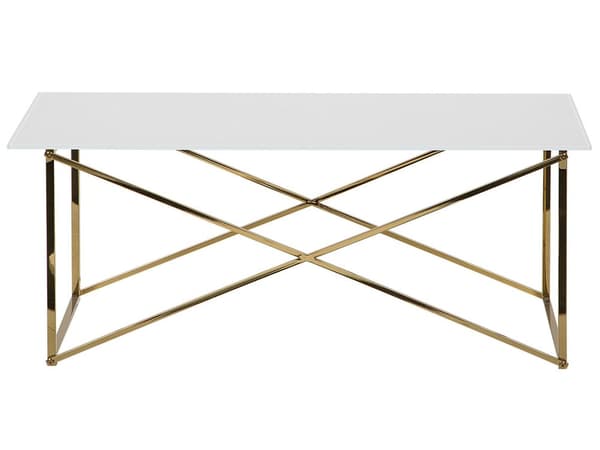 Sofabord Hvid Top Guld Ben Hærdet Glasplade Rustfrit stål Understel 100 x 50 cm Glamourøst Minimalistisk Design