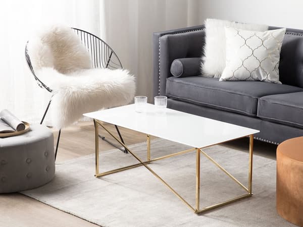 Sofabord Hvid Top Guld Ben Hærdet Glasplade Rustfrit stål Understel 100 x 50 cm Glamourøst Minimalistisk Design