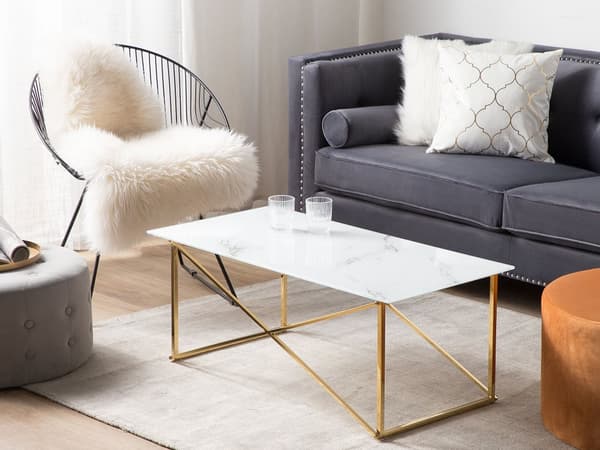 Sofabord Marmoreffekt Hvid Top Sølv Ben Hærdet glasplade Rustfrit stål Understel 100 x 50 cm Glamourøst Minimalistisk