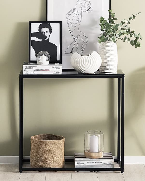 Konsolbord Svart Härdad Glasskiva Metallbas Glam Modern Vardagsrum Sovrum Hall