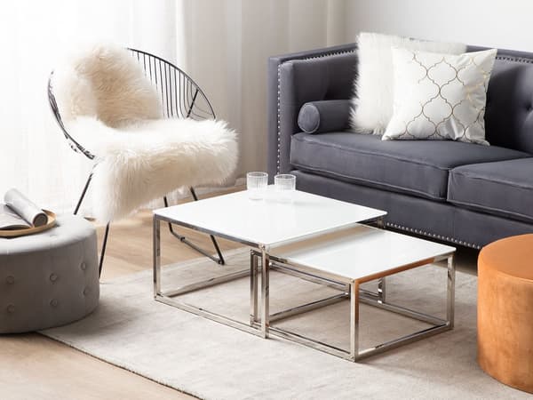 Sofaborde Hvid Blank Hærdetglas Sølv Krom Rustfrit Stål Stel 50 / 60 cm Firkantet Indskudsborde Minimalistisk Glam Plads Skabende Indretning