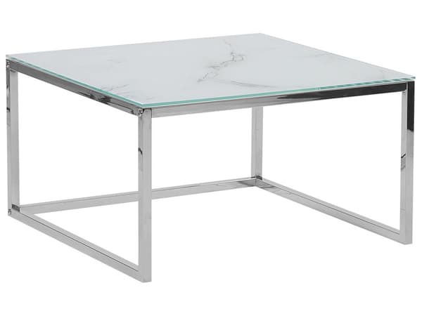 Soffbord 2 st Vit Silver Marmoreffekt Härdat glas Rostfritt stål Minimalistisk Glam-stil