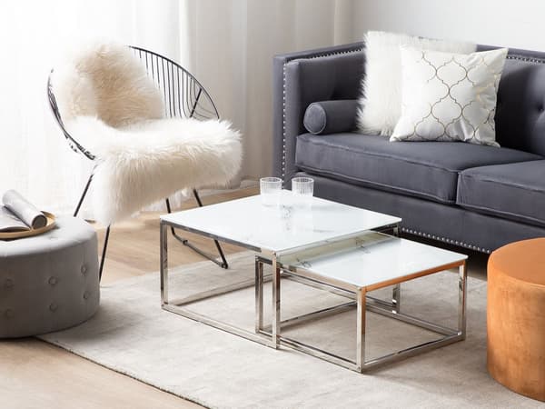 Soffbord 2 st Vit Silver Marmoreffekt Härdat glas Rostfritt stål Minimalistisk Glam-stil