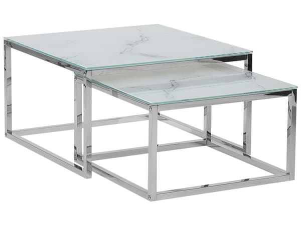 Soffbord 2 st Vit Silver Marmoreffekt Härdat glas Rostfritt stål Minimalistisk Glam-stil