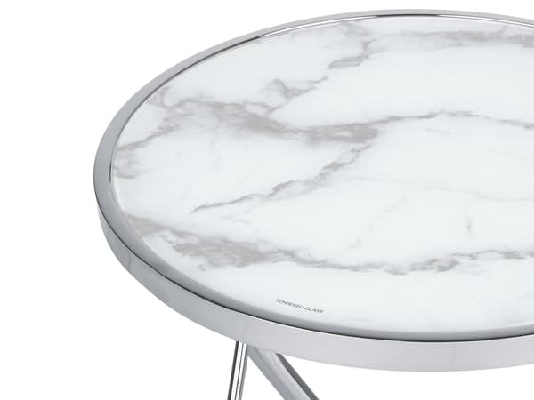 Sidobord Vit Silver Marmoreffekt Skiva i härdat glas Metall Hårnålsben Rund form
