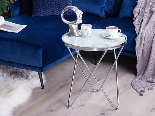 Sidobord Vit Silver Marmoreffekt Skiva i härdat glas Metall Hårnålsben Rund form