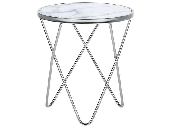 Sidobord Vit Silver Marmoreffekt Skiva i härdat glas Metall Hårnålsben Rund form