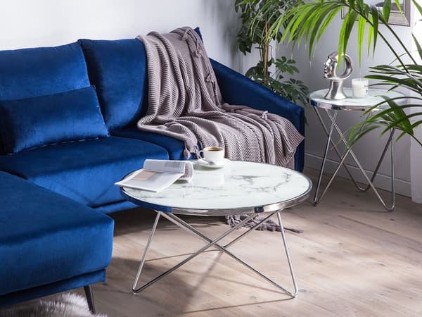 Soffbord Vit Silver Marmoreffekt Härdad Glasskiva Metallben Rund