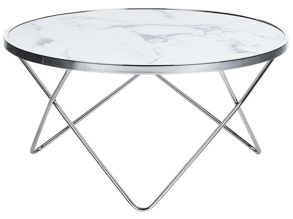 Soffbord Vit Silver Marmoreffekt Härdad Glasskiva Metallben Rund