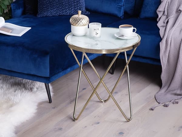 Sidobord Vit Guld Marmoreffekt Skiva i härdat glas Metall Hårnålsben Rund form