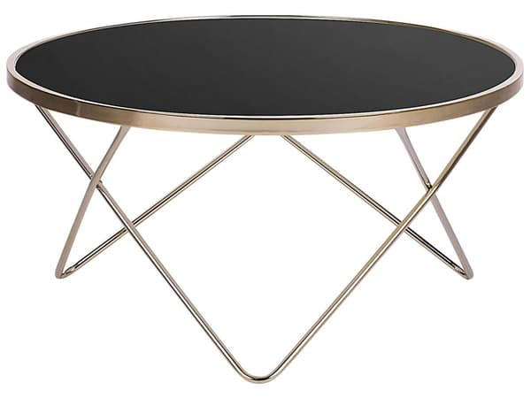 Sofabord Sort Guld Metalstel og Hærdet Glas ø 80 x 40 cm Dekorativ Rund Bordplade til Stue Glamour Indretning Tilbehør