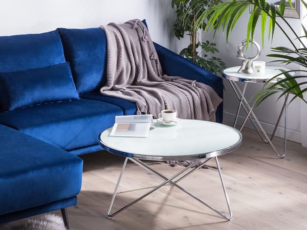 Sofabord Hvid Sølv Metalstel og Hærdet Glas ø 80 x 40 cm Dekorativ Rund Bordplade til Stue Glamour Indretning Tilbehør