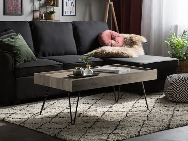 Sofabord brungråt træ med sorte metalben 42 x 60 cm industriel stil