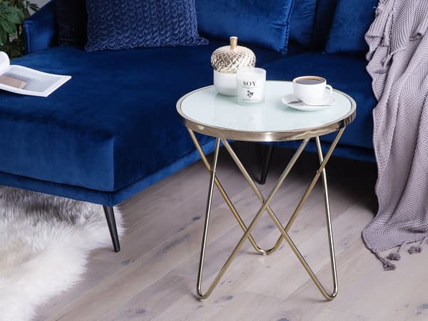 Sidebord Hvid Guld Metalstel og Hærdet Glas ø 50 x 55 cm Dekorativ Rund Hjørnebord til Stue Glamour Indretning Tilbehør
