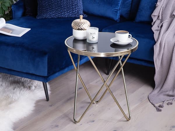 Sidebord Sort Guld Metalstel og Hærdet Glas ø 50 x 55 cm Dekorativ Rund Hjørnebord til Stue Glamour Indretning Tilbehør