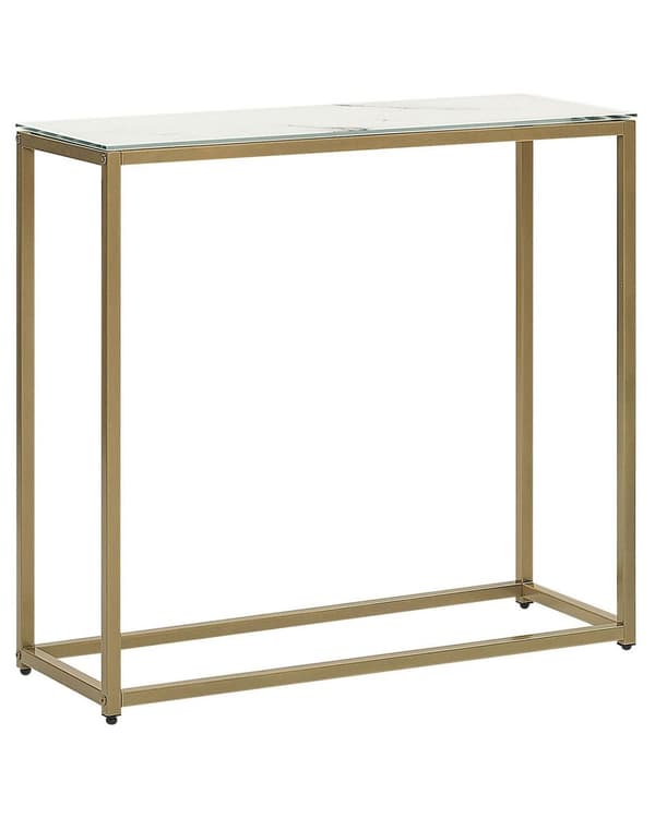 Konsolbord Vit Marmor Effekt Härdad Glasskiva Guld Metallbas Glam Modern Vardagsrum Sovrum Hall