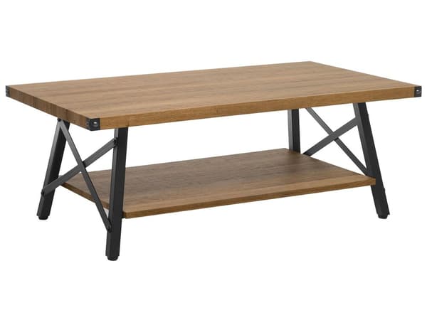 Sohvapöytä tumma puu MDF-levy mustat metallijalat 100 x 55 x 42 cm hyllyllä industriaalinen moderni tyyli