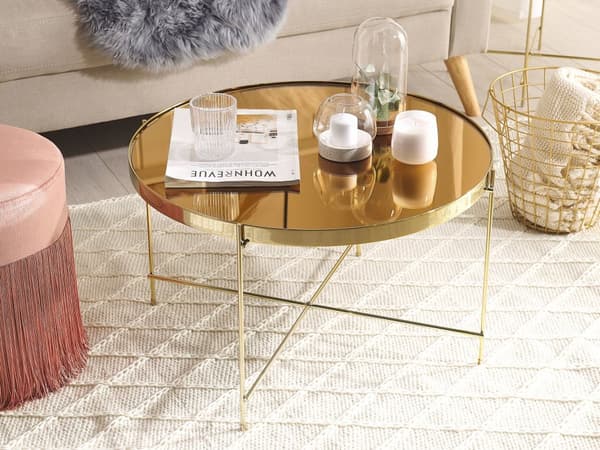 Sohvapöytä kulta rauta 63 cm metallijalat peililasi taso pyöreä glamour tyyli