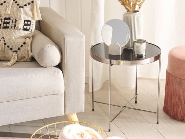 Sidobord Svart Silver Skiva av härdat glas Metall Rund Glam Glänsande