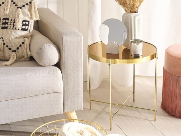 Sidobord Guld Guldbrun Skiva av härdat glas Metall Rund Glam Glänsande